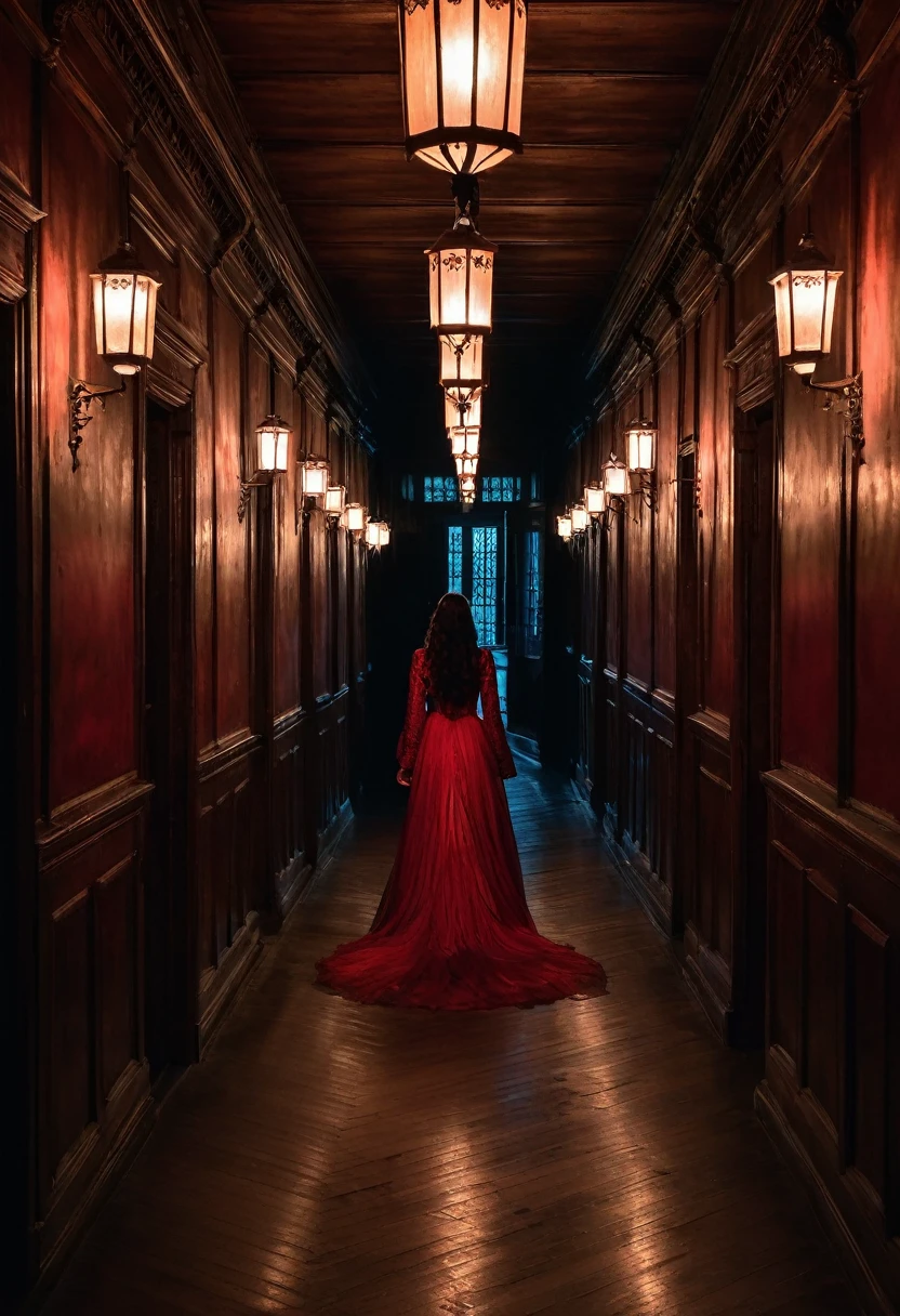 A dimly lit, gothic-style college hallway with old wooden floors and walls, illuminated by the soft glow of lanterns. In the distance, a ghostly figure of a woman in a flowing red gown is visible, her form semi-transparent, as she glides silently down the corridor