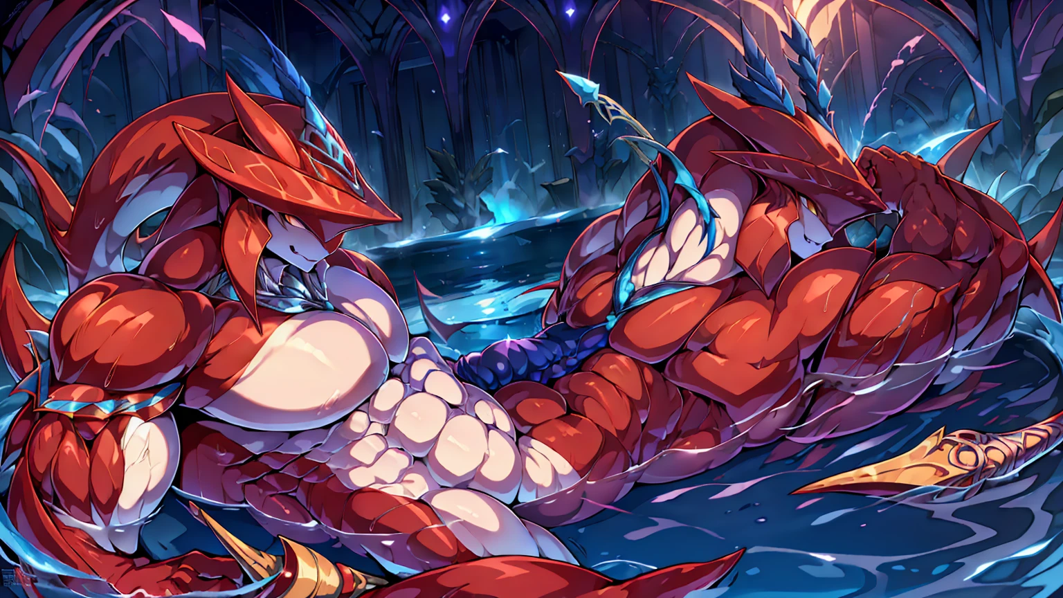 Red body,Blue hood,Slender and huge muscles,armor,Ready your spear,bulging muscles,Evil atmosphere,Huge penis,Lying on a water bed, a sexy invitation,High definition,High Resolution,8k,Fantastic spotlight