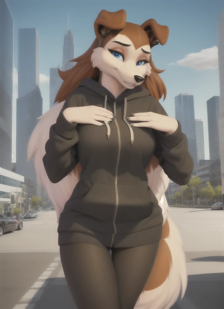 colleen, furry female anthro, dog girl, portrait, close-up, long hair,  (hoodie:1.2),  fur trim, solo, (body fur:1.2), (best quality), (detailed urban background:1.2), dramatic lighting, (detailed fluffy fur:1.1), looking at viewer,  medium breasts, 