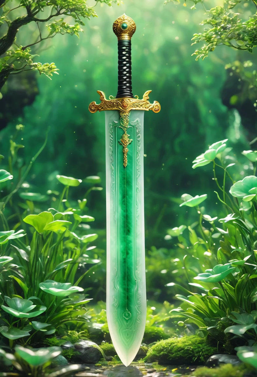 best quality, very good, 16K, ridiculous, Very detailed, Huge sword,Made of translucent jadeite, Background grassland((A masterpiece full of fantasy elements))), ((best quality)), ((Intricate details))(8K)