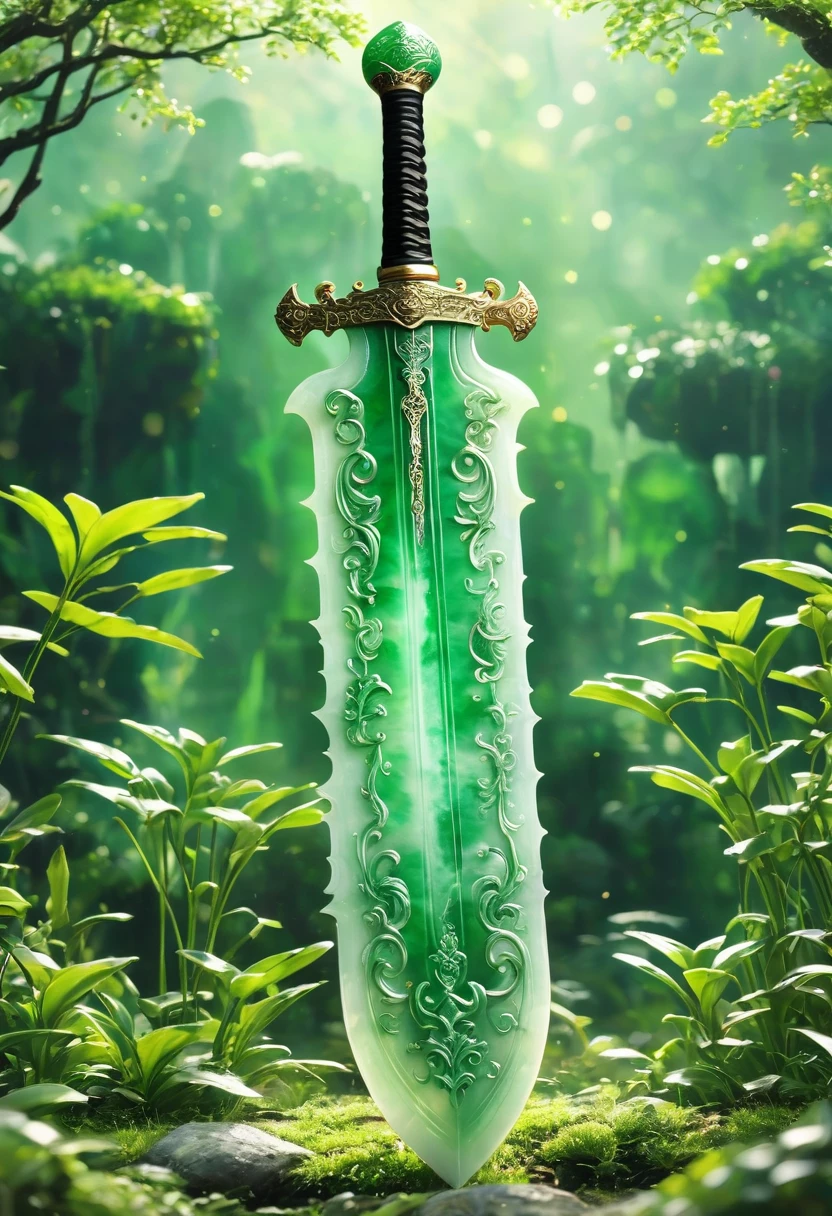 best quality, very good, 16K, ridiculous, Very detailed, Huge sword,Made of translucent jadeite, Background grassland((A masterpiece full of fantasy elements))), ((best quality)), ((Intricate details))(8K)