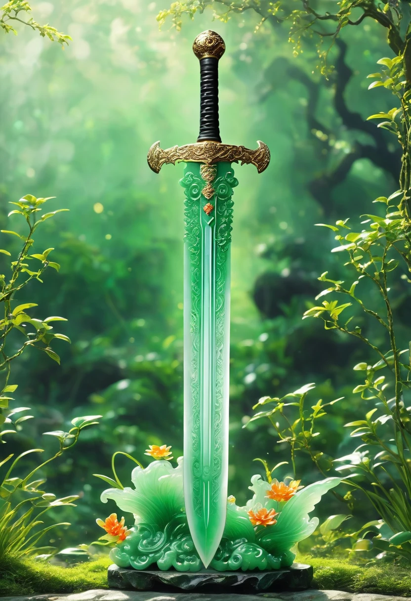 best quality, very good, 16K, ridiculous, Very detailed, Huge sword，Made of translucent jadeite, Background grassland（（A masterpiece full of fantasy elements）））， （（best quality））， （（Intricate details））（8K）