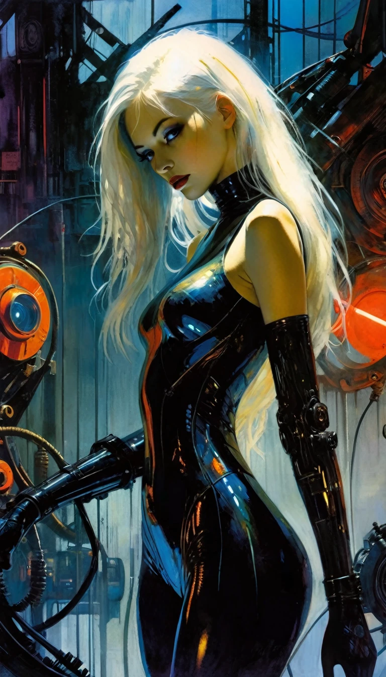 futuristic girl, sexy, mechanical arms, cyborg, long white hair, tight futuristic dress, surrounded by industrial machines,NEON COLOR, LOFI COLOR,eroticism, sexy, black and white image, between shadows, oil painting, chiaroscuro, sensual, dramatic lighting, moody atmosphere, photorealistic, intricate details, masterpiece, ultra-detailed, high quality, 8k, best quality, realistic, cinematic, dark and brooding, expressionistic, powerful composition, emotional impact, Bill Sienkiewicz and Dave Mckeaninspired art
