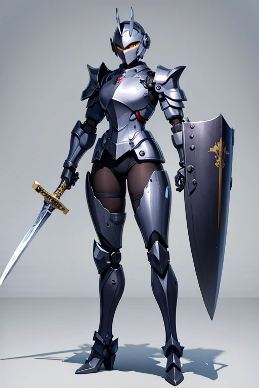 Anime Art、Full body portrait、Ancient Mechanical Doll、Plain background、A steel-colored female armored robot doll, about 165cm tall、Visor-type camera eye、Simple Full Helm、In his right hand he holds a long Japanese sword、Holding a shield in his left hand、Round shoulder armor、legs are thick、Iron mask with no nose or mouth