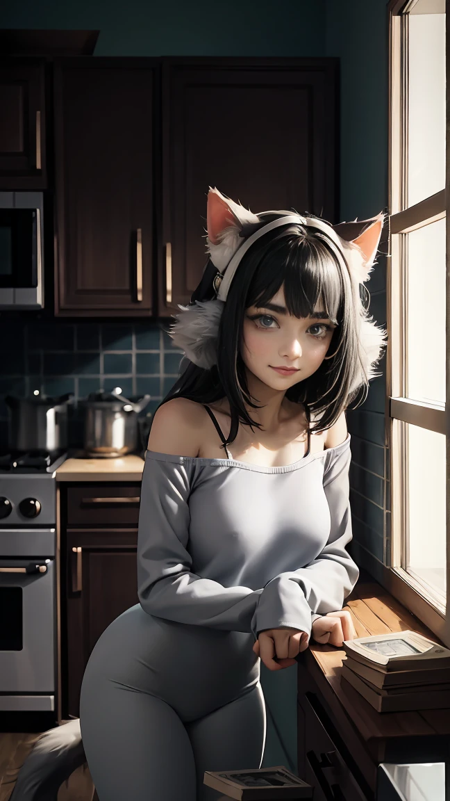 The teenage girl cat with white-and-gray fur suddenly changes her expression to one of happiness and gratitude. Her green eyes soften as she holds the money in her paw, her posture more relaxed. She’s wearing her casual teenage clothes, and the lighting around her brightens slightly, matching the warm and inviting atmosphere of the cozy kitchen.