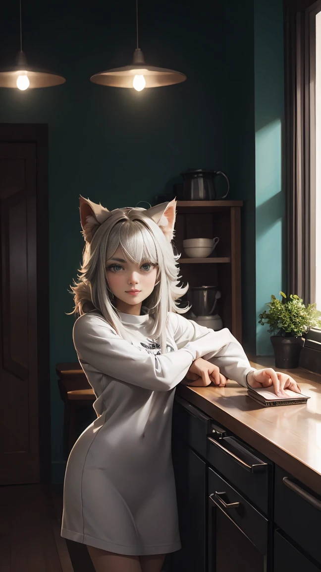 The teenage girl cat with white-and-gray fur suddenly changes her expression to one of happiness and gratitude. Her green eyes soften as she holds the money in her paw, her posture more relaxed. She’s wearing her casual teenage clothes, and the lighting around her brightens slightly, matching the warm and inviting atmosphere of the cozy kitchen.