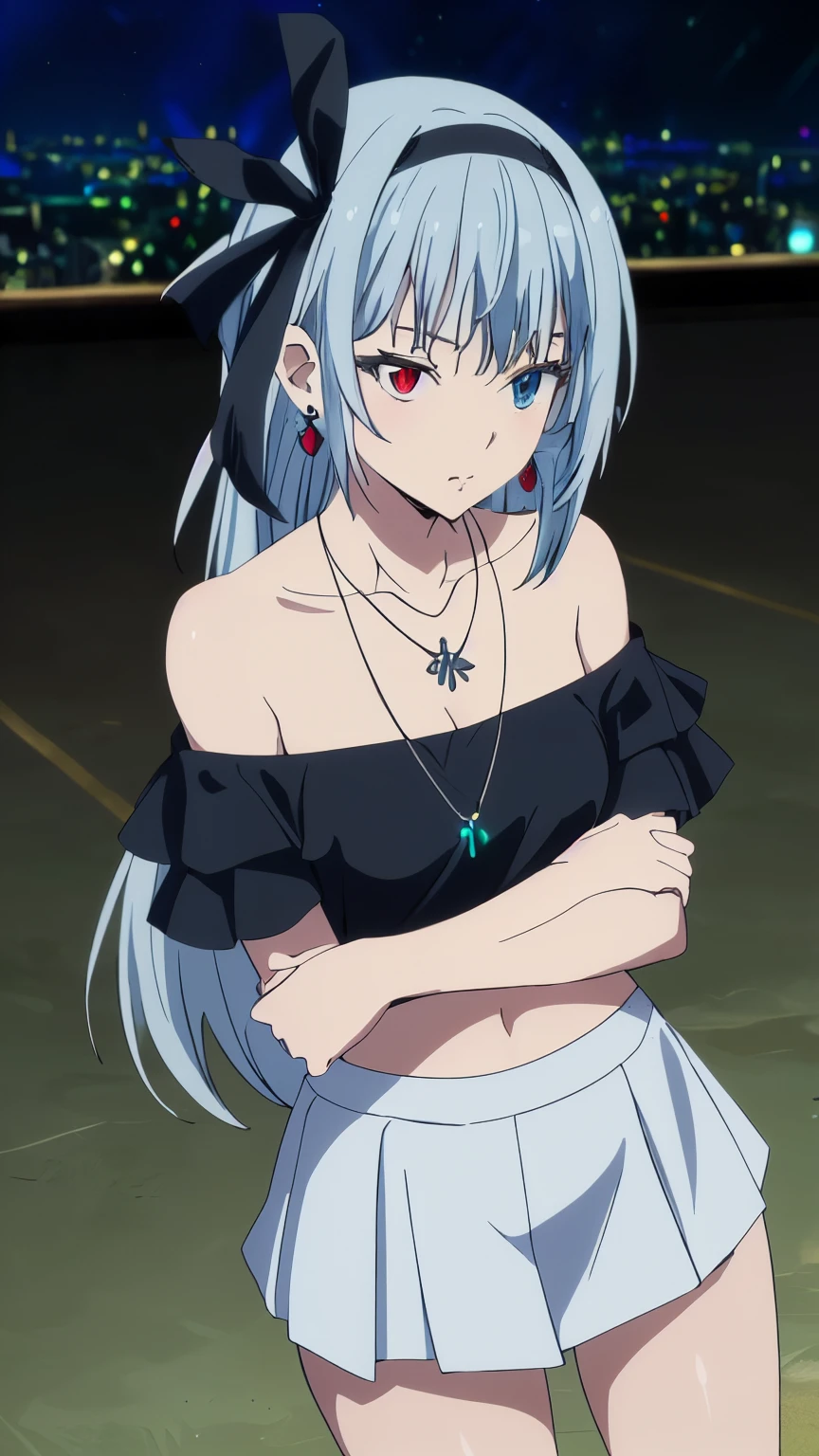(masterpiece, highest quality, 8k:1.2), 1girl, Luminous, tensura, beautiful detailed eyes, Heterochromia, (red eyes:1.2), (blue eyes:1.2), bangs, silver hair, long hair, hair ribbon, hair band, jewelry, necklace, collarbone, (lime green off-shoulder, mini skirt, earrings, city:1.2), Cowboy shot, Dynamic pose,