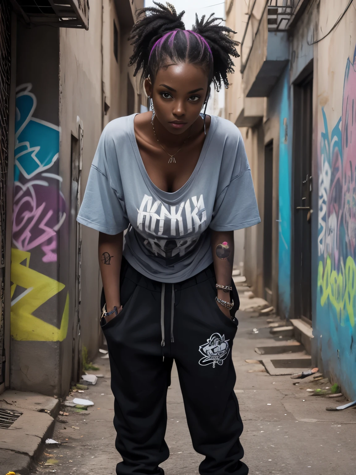 1girl, abandoned street with graffiti, baggy sweatpants, oversized shirt, punk style, big breasts, dyed hair, downblouse, leaning forward, smirk, african, dark skin, tatoos