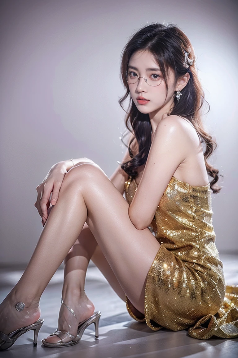 full body, fit screen, Top CG, Highest image quality, masterpiece, Gentle and beautiful girl, (fit), Imperial sister, Queen temperament, White skin, perfect facial features, Bright Eyes, Seductive pose, Red lips, Beautiful and cold (A major breakthrough)), Beautiful and heroic, Soft and long hair, Glittering, Lace, net, Visible through clear skin, wear glasses, diamond earrings, Full body, ruby neckLace, Clear Background, (Purple evening dress), 8K Image Quality, (Realistic Portraits), Characters fill the screen, (Facial lighting), ((eternal)