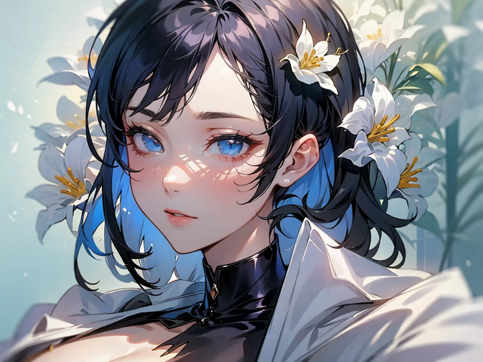 anime girl, realistic shadows, detailed skin, very small breasts, black hair, very detailed, 8k highly detailed face, perfect face shape, full perfect lips, perfect nose, correct beautiful eyes, watching viewer, white shirt, hair flowers, masterpiece, best quality, single girl, no bra, no panty, solo