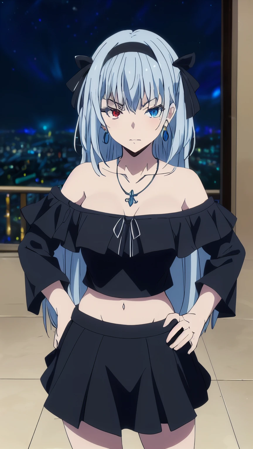 (masterpiece, highest quality, 8k:1.2), 1girl, Luminous, tensura, beautiful detailed eyes, Heterochromia, red eyes, blue eyes, bangs, silver hair, long hair, hair ribbon, hair band, jewelry, necklace, collarbone, (off-shoulder, mini skirt, earrings, city:1.2), Cowboy shot, Dynamic pose,