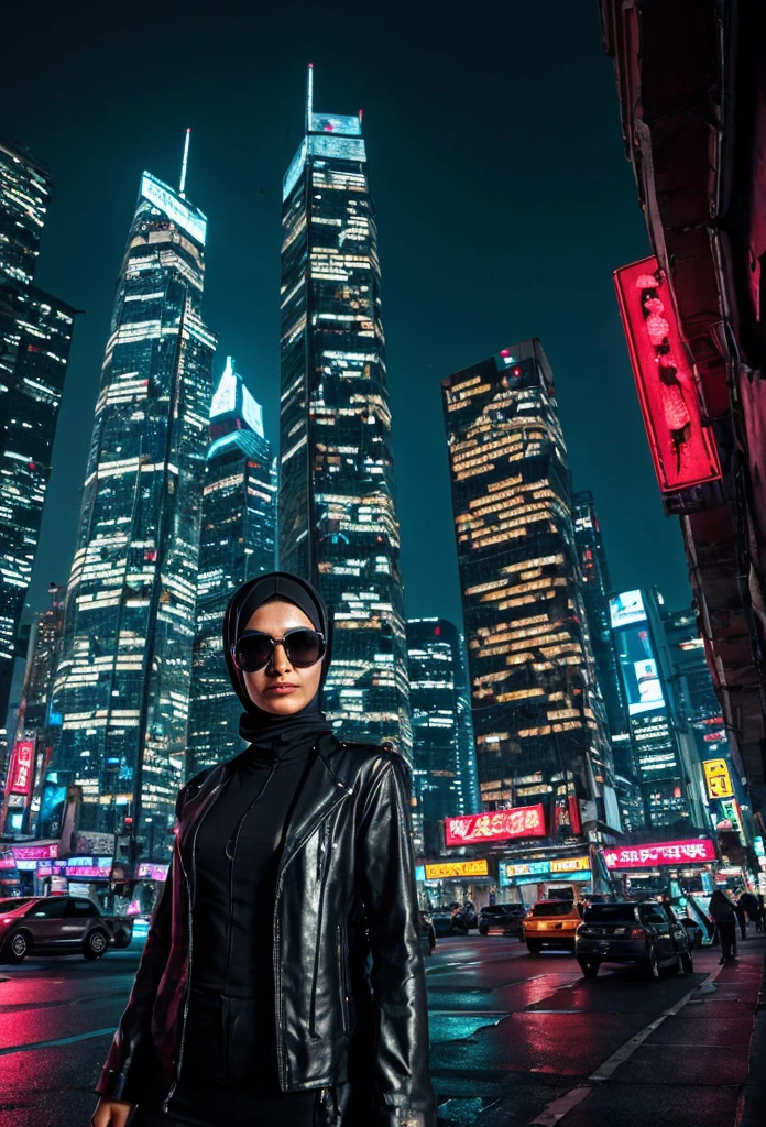 A woman from Iran, wearing sunglasses, with a headscarf, with skyscrapers and neon lights in the background, cyberpunk style, extremely detailed, photography, 4k