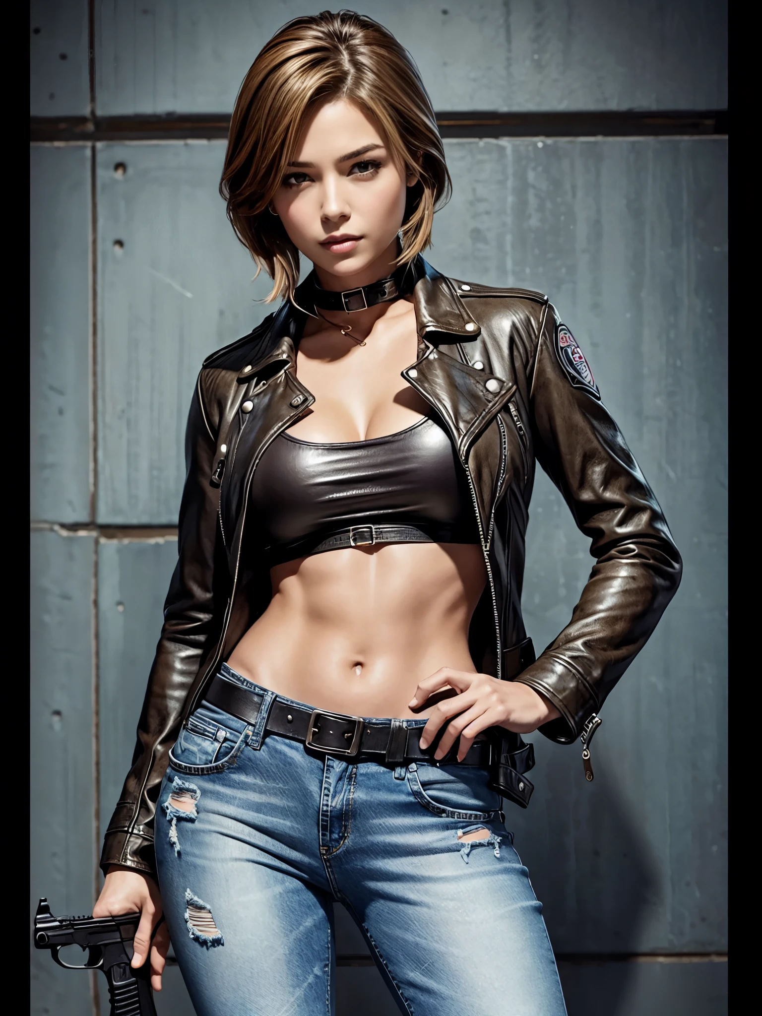 A beautiful detective who looks good in a leather jacket and denim.