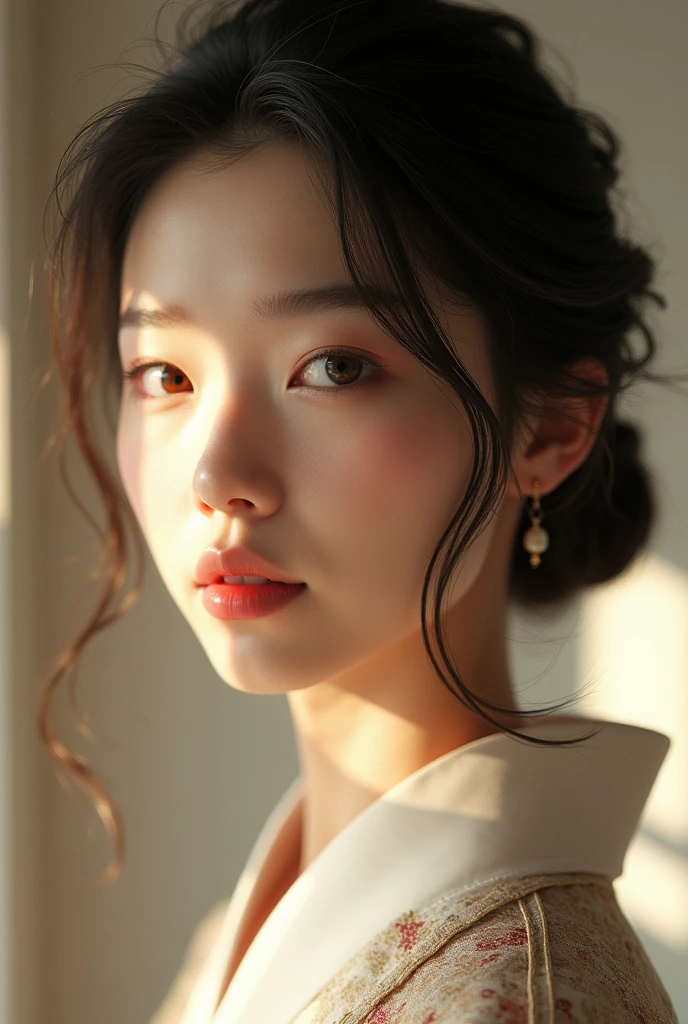 An elegantly dressed Japanese woman in natural light、A close-up of her chest and calm expression.、It shows her inner peace and outer charm.。