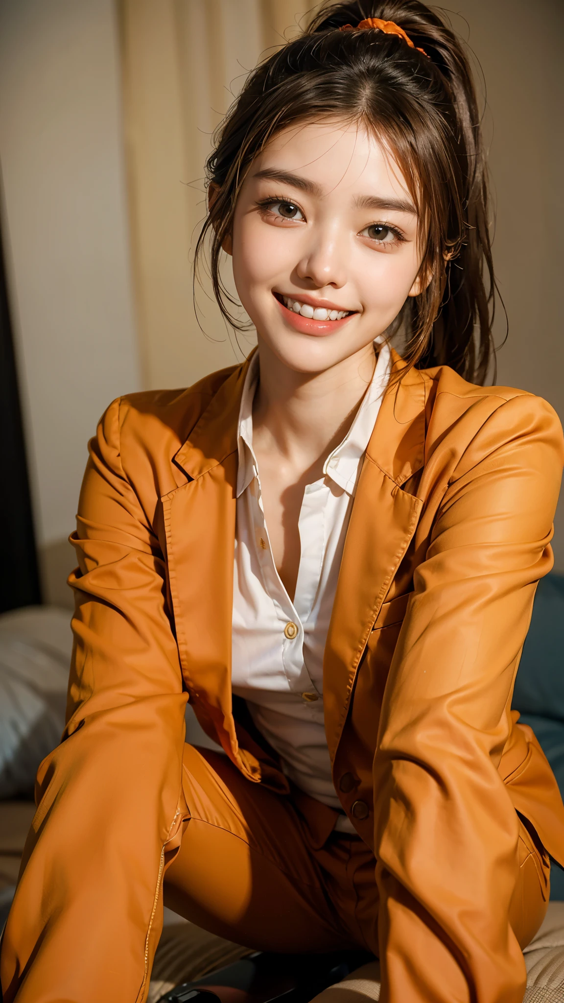 Highest quality, masterpiece, Ultra-high resolution,8k,((Toothy smile portrait:1.4)), (Realistic:1.6), ((A radiant smile)), RAW Photos,((Korean drama appearances)),((Full body photo)),1 person,Slim 22 year old adult female,((orange business suit)),((Pants look)),((Full of smiles, )) ,((Ponytail and hair tie)),((Ribbon in hair)),((acting for the camera:1.6)),Face Focus:1.4,((Korean drama appearancesの撮影:1.15)),