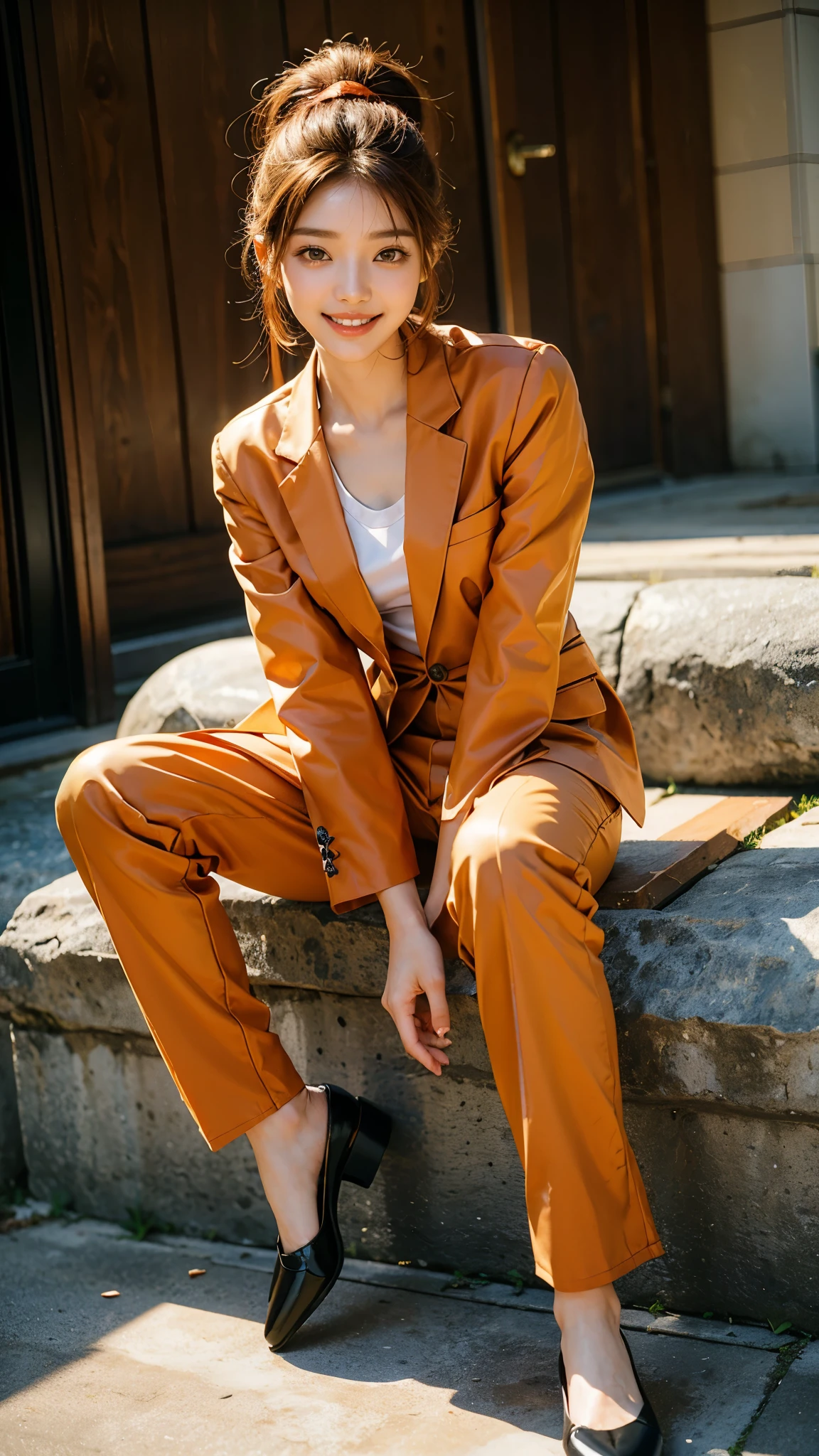 Highest quality, masterpiece, Ultra-high resolution,8k,((Toothy smile portrait:1.4)), (Realistic:1.6), ((A radiant smile)), RAW Photos,((Korean drama appearances)),((Full body photo)),1 person,Slim 22 year old adult female,((orange business suit)),((Pants look)),((Full of smiles, )) ,((Ponytail and hair tie)),((Ribbon in hair)),((acting for the camera:1.6)),Face Focus:1.4,((Korean drama appearancesの撮影:1.15)),