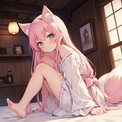 Highest quality, masterpiece, detailed, 1 person,,small,cute,blush,smile,White Baby Doll, Pink Hair,Long Hair,Cat ear,(Fox tail),Sitting on a white futon, (Cowgirl), From below, Cowboy Shot, (Japanese-style room), (darkness), Perfect Legs,barefoot