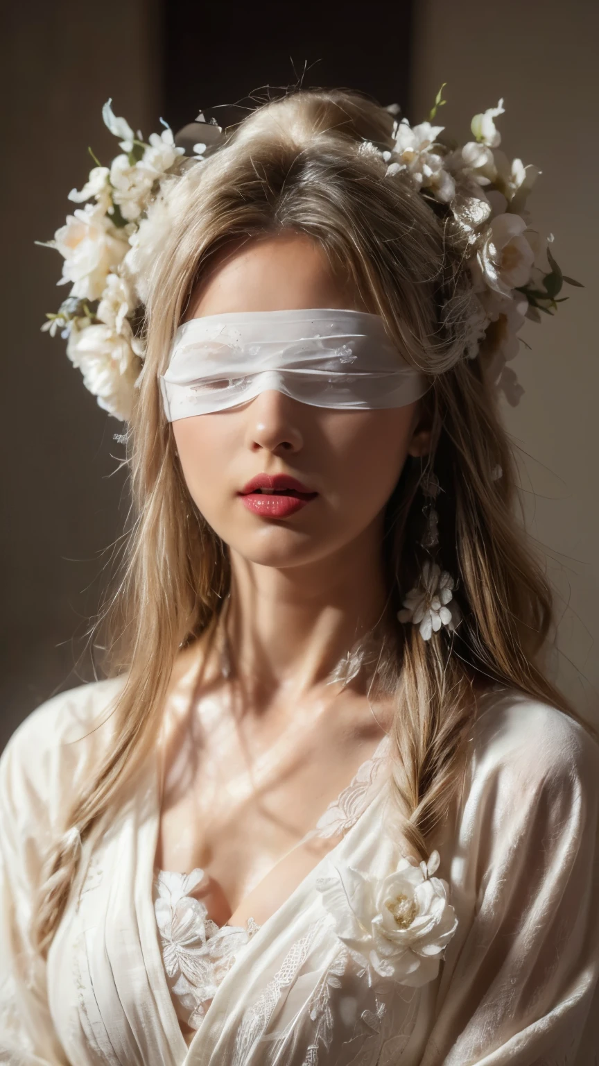 masterpiece, best quality a serene and ethereal portrait of a woman with long, flowing white hair adorned with delicate flowers. Her eyes are covered with a white blindfold fabric, giving her an enigmatic and mystical aura. Natural big breast, She has soft, porcelain-like skin and light, natural makeup with slightly rosy lips. She is wearing an elegant, traditional white robe with intricate floral details. The background is softly blurred, emphasizing her calm and otherworldly presence., photo, cinematic, dark fantasy, portrait photography