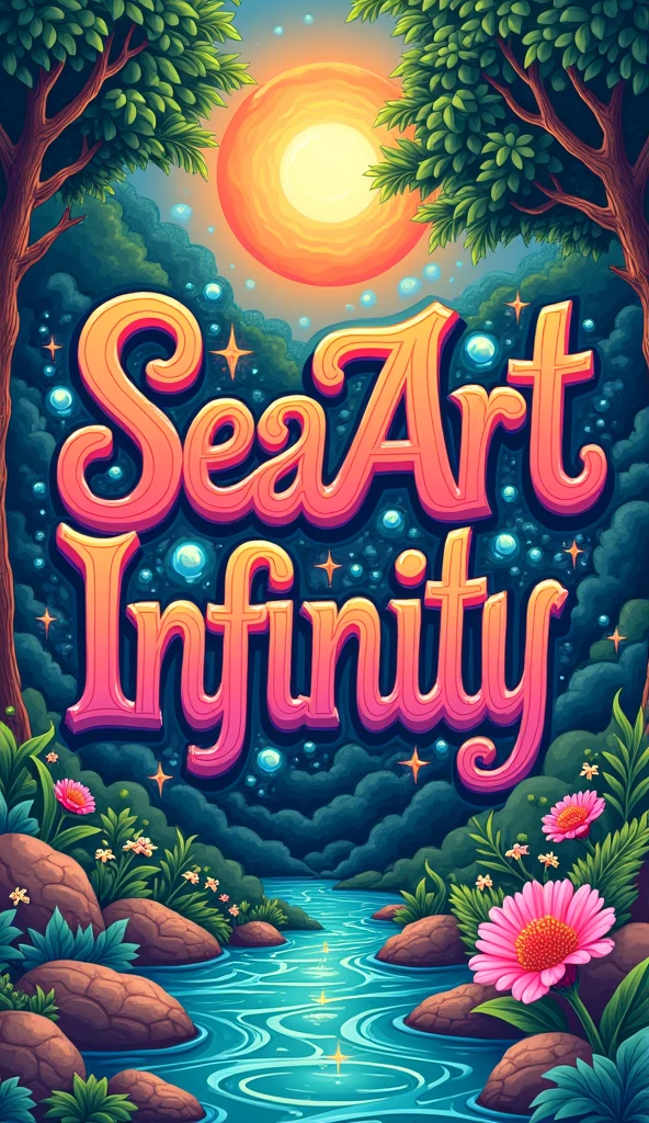 Positive and Vibrant illustration featuring a bold, 70's style graphic and spiritual themes, set against a backdrop of nature-inspired textures, trees, river, with the phrase "SeaArt Infinity" emblazoned in 3D, intricate, swirling patterns, with a predominantly pastel colors, moody color palette punctuated by flashes of neon orange, pinks, green, electric blues, and sunshine yellows, evoking a sense of peace, spiritual awakening, and empowerment.