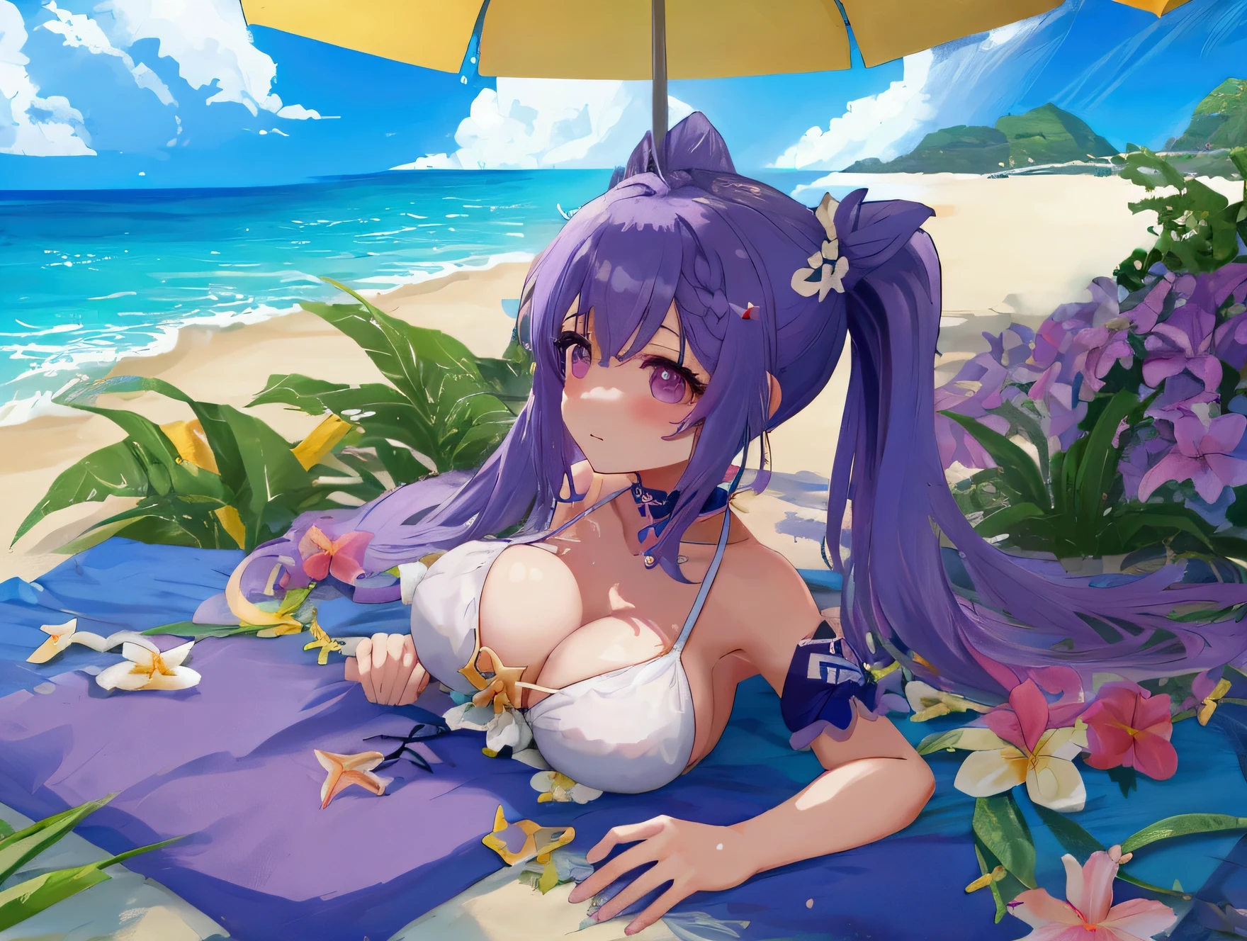 #beach、#Purple twin ponytails 、#Bikini、 #Blue sky and white clouds、 #tropical scenery 、#Cute girl、 #Sunbathing 、#coastal、 #garden、 #summery vibe、Genshin Impact、Enchanting cleavage, enchanting breasts