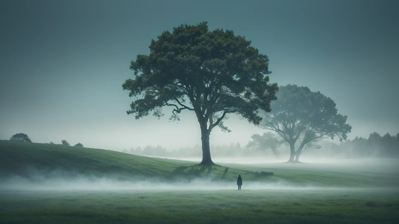 A solitary figure stands on a misty, green landscape, gazing towards a sparse tree emerging from the fog. The scene is illuminated by a soft, ethereal blue light from above, creating a surreal atmosphere. Faint stars are visible in the sky, enhancing the dreamy quality of the image.