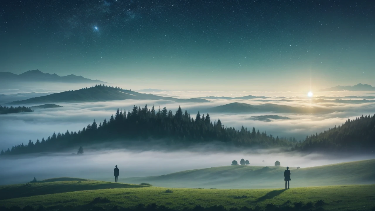 A solitary figure stands on a misty, green landscape, gazing towards a sparse tree emerging from the fog. The scene is illuminated by a soft, ethereal blue light from above, creating a surreal atmosphere. Faint stars are visible in the sky, enhancing the dreamy quality of the image.