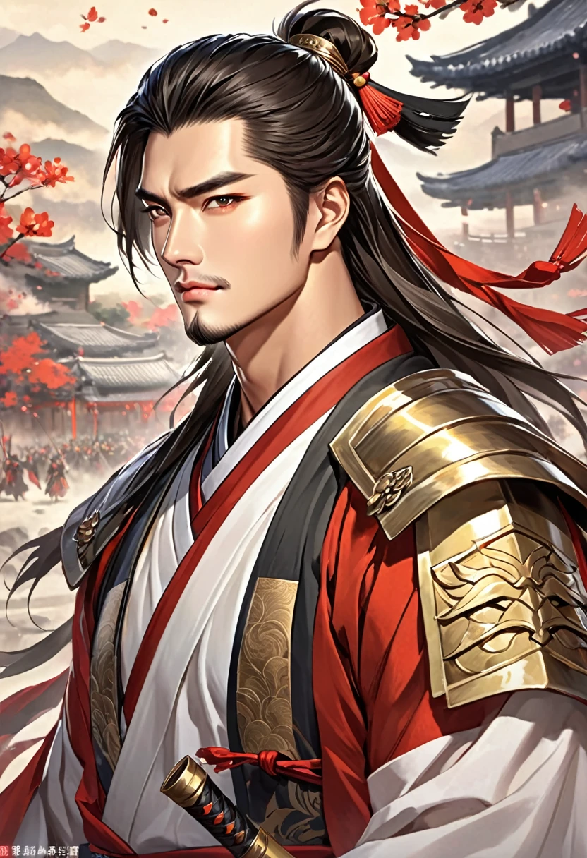 Three Kingdoms Zhou Yu, very handsome, 갑옷, nice guy, spear, no beard, smooth chin