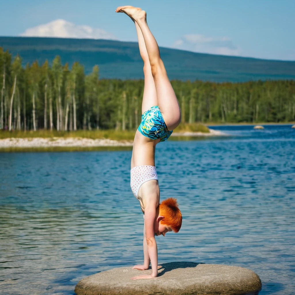 Happy skinny ginger-sweden youngs s with short ginger hair, dressed in a light short and brassière de sport, happy to show hers, on a scorching summer day, in the lagoon do a handstand longer together