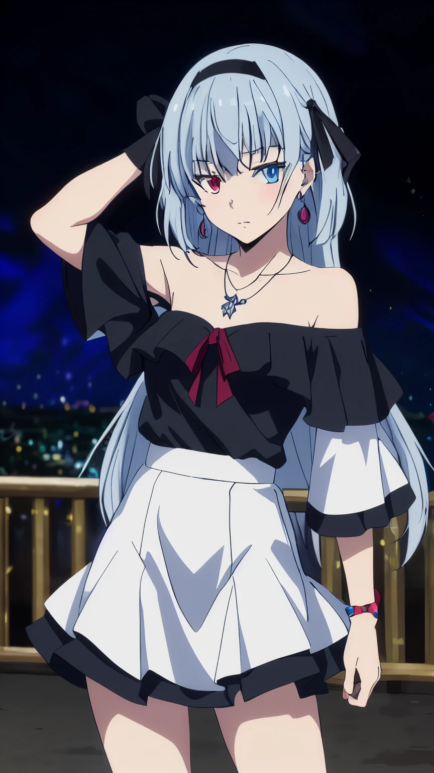 (masterpiece, highest quality, 8k:1.2), 1girl, Luminous, tensura, beautiful detailed eyes, Heterochromia, red eyes, blue eyes, bangs, silver hair, long hair, hair ribbon, hair band, jewelry, necklace, collarbone, (off-shoulder, mini skirt, earrings, city:1.2), Cowboy shot, Dynamic pose,