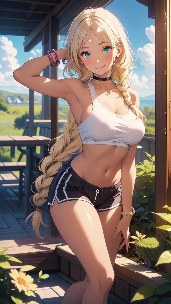 Very detailed、highest quality、Best image quality、masterpiece、8k、Sparkling Blue Eyes、Anime Face、A kind smile、Open Mouth、(Blonde long hair:1.5)、(SFW Giant)、Rear View、Cowboy Shot、(White Thong:1.5)、(Muscles of the whole body)、Horn、ckundies