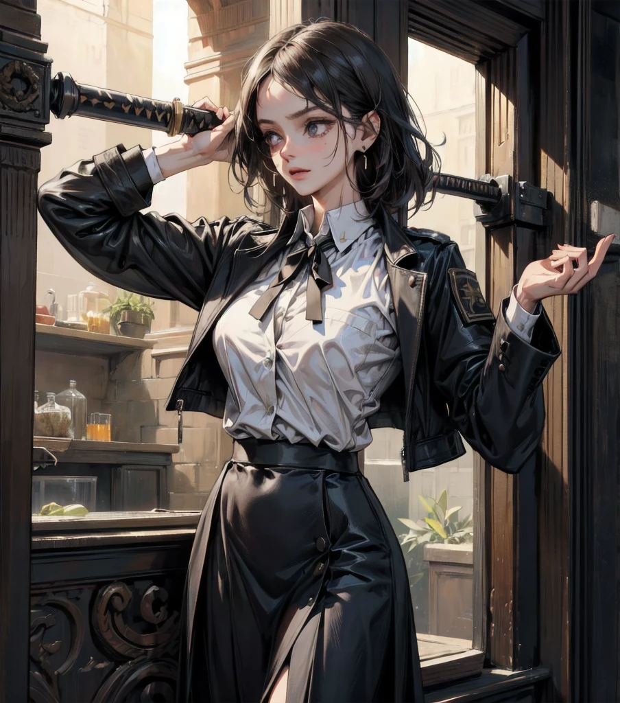 absurdres, RAW photo, extremely delicate and beautiful, masterpiece, Best Quality, ultra high resolution, 32k, hyper realistic, ultra-detailed, Very detailed CG 8k wallpaper, detailed background, landscape, Beautiful Lighting, Perfect Lightning, Realistic Shadows, perfect anatomy, anatomically correct, ideal ratio body proportions, perfect figure, Perfect Style, Perfect balance, super Detailed skin, in her 30s, very Slim body, narrow waist, very small head, very small face, delicate facial features, handsome detailed woman, very detailed eyes and face, realistic face proportions, Realistic beautiful face, Realistic beautiful eyes, tearful mole, earring, cowboy shot, very huge round tits, medium short hair, asymmetrical hair, wavy hair, indoor, long military uniform jacket, holding broad katana, school_uniform, skirt, dress shirt, mystery, romanticism, creepy, victorian,