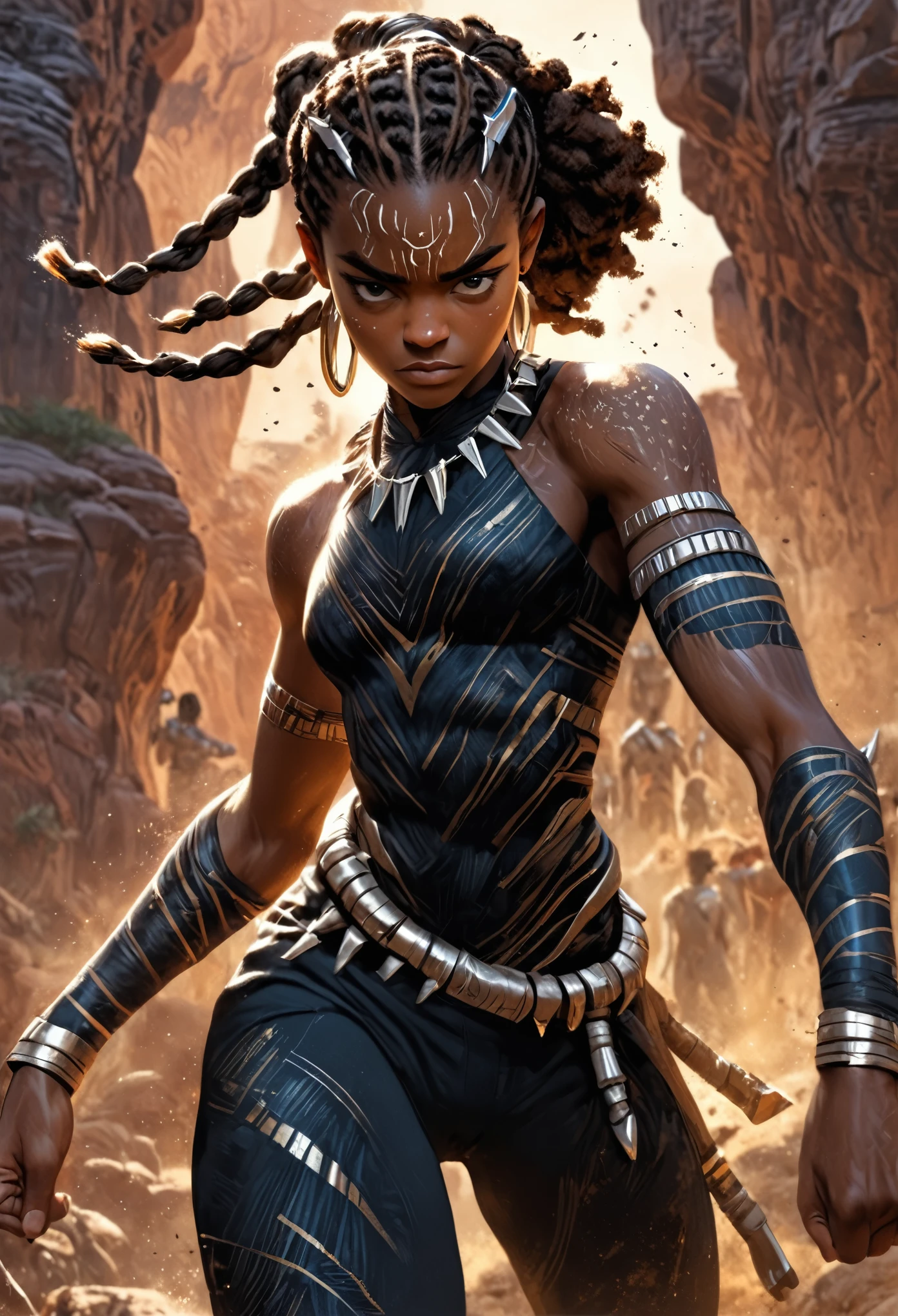 Letitia Wright as Shuri from the movie Black Panther Wakanda Forever, full body shot, highly detailed cinematic illustration, black outlining, full color illustration, vivid colors, white background, in the style of Boris Vallejo & Julie Bell, masterpiece, 8k, ultra-detailed, physically-based rendering, vivid colors, dramatic lighting, intricate background, photorealistic
