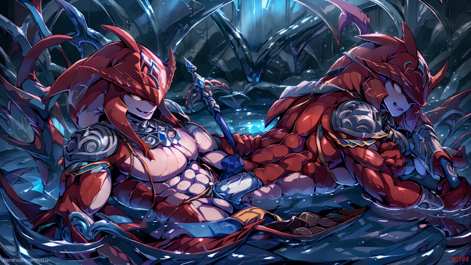 Red body,Blue hood,Slender and huge muscles,armor,Ready your spear,bulging muscles,Evil atmosphere,Huge penis,Lying on a water bed, a sexy invitation,High definition,High Resolution,8k,Fantastical spotlights from the bottom of the water