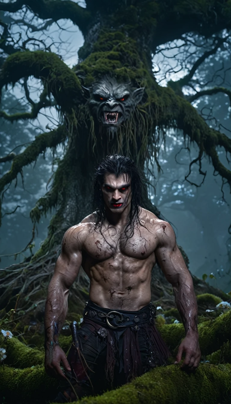 An ancient tree, covered in dew, moss and decay, floating in a dark, foggy forest. The ancient tree is surrounded by twisted roots and unusual flowers and leaves. The sky is bright with moonlight, the moon is round, big, strangely bright, the sky is cloudy, creating a ghostly feeling.
Close-up of half the body of ((an extremely handsome warrior)), ((vampire)), half human, half monster. Their eyes are filled with sadness and anger. Muscles are bulging, hair is glowing with blood. The photo conveys a strong sense of the werewolf warrior's appearance.
Cinematic light, high detail, 8k, artstation, conceptual art, dark fantasy. Photo taken with Canon EOS R5 85mm f/11, ((sharp)) mode of the person and the surrounding landscape. Image quality ((8K)), ((realistic)), ((masterpiece)), ((sharpest and highest contrast)), ((amazing depth of field)), ((stereoscopic light)).