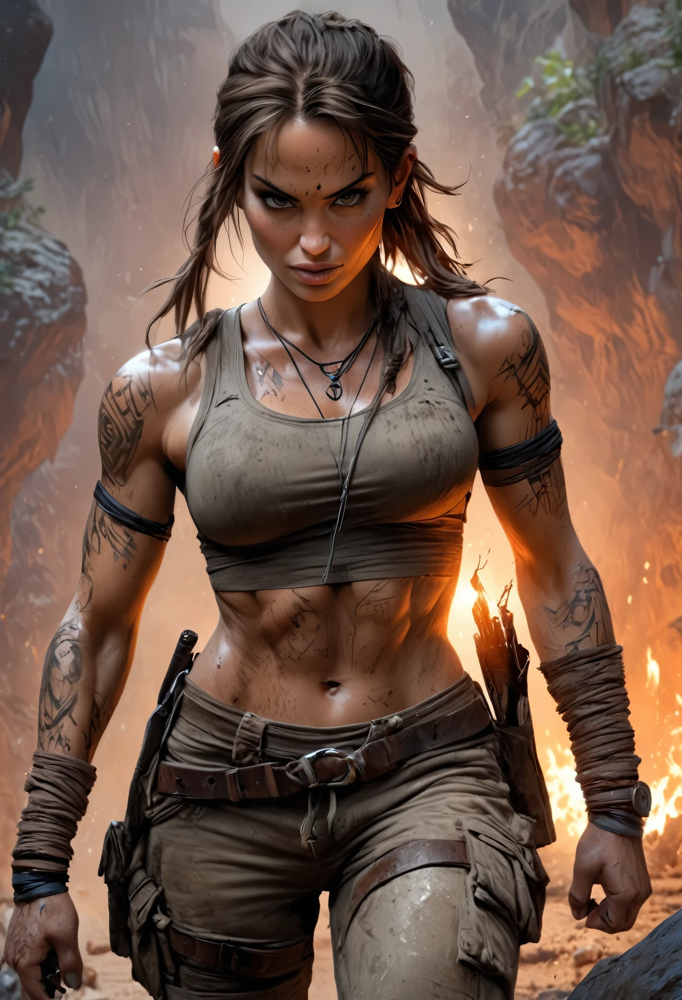Angelina Jolie as Lara Croft from the movie franchise Tombraider, full body shot, highly detailed cinematic illustration, black outlining, full color illustration, vivid colors, white background, in the style of Boris Vallejo & Julie Bell, masterpiece, 8k, ultra-detailed, physically-based rendering, vivid colors, dramatic lighting, intricate background, photorealistic