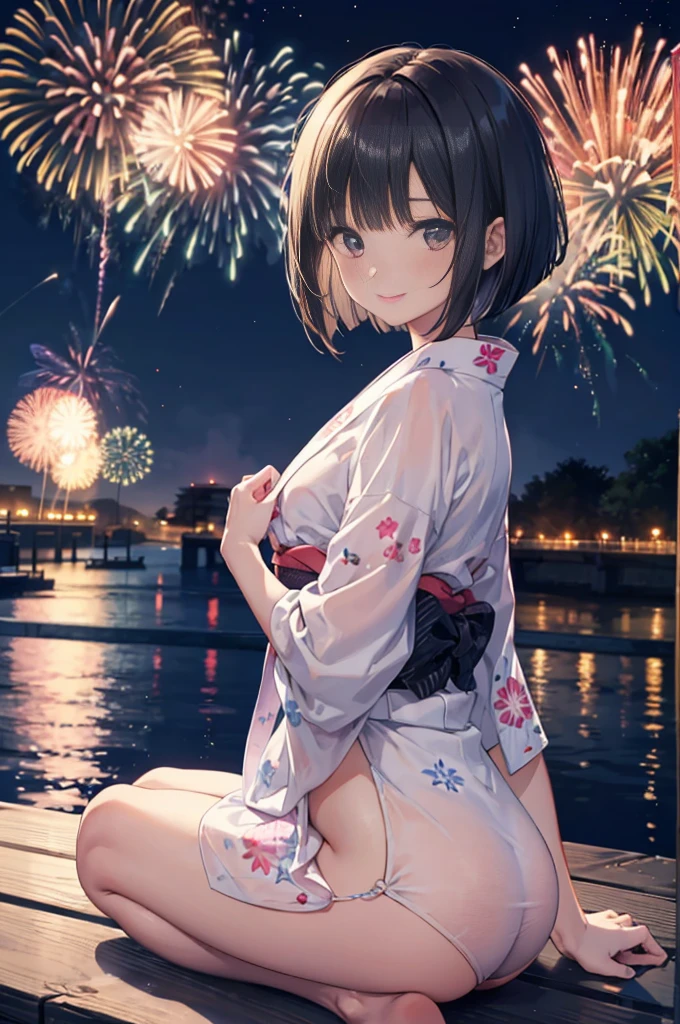 (masterpiece), 4K,woman, yukata,Small breasts,Small Ass,Black hair bob cut,moonlight,Realistic, skinny, smile,sit,((Fireworks display))