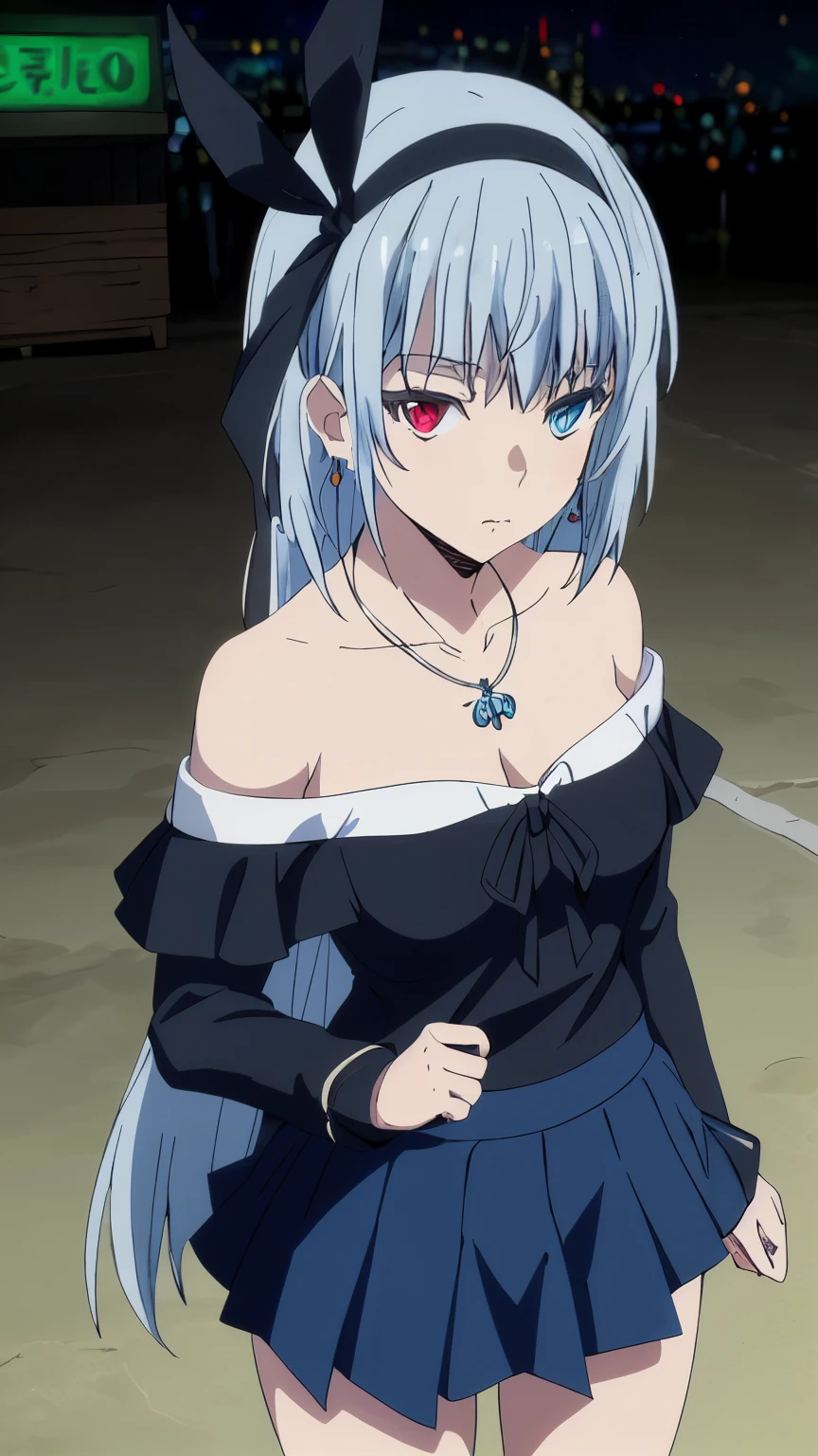 (masterpiece, highest quality, 8k:1.2), 1girl, Luminous, tensura, beautiful detailed eyes, Heterochromia, red eyes, blue eyes, bangs, silver hair, long hair, hair ribbon, hair band, jewelry, necklace, collarbone, (off-shoulder, mini skirt, earrings, city:1.2), Cowboy shot, Dynamic pose,