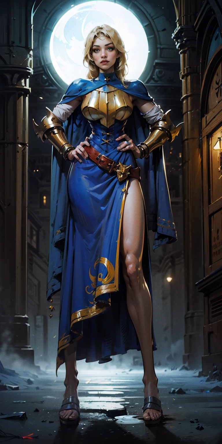 paladin lady in ornate golden armor, black collar, pauldrons, breastplate, corset, glowing halo, single braid, blonde, yellow glowing eyes, bright pupils, eye focus, red cape, temple indoors, stained glass windows, night, moonlight, particles, light beam, chromatic aberration, (full body, whole body. 1solo (girl). slave fighter, loincloth standing, hands on hips full body, whole body. 1solo (girl). slave fighter, loincloth standing, hands on hips, metal sandals, backpack, choker, big belt, view from below, feet together, bracers, tiara)