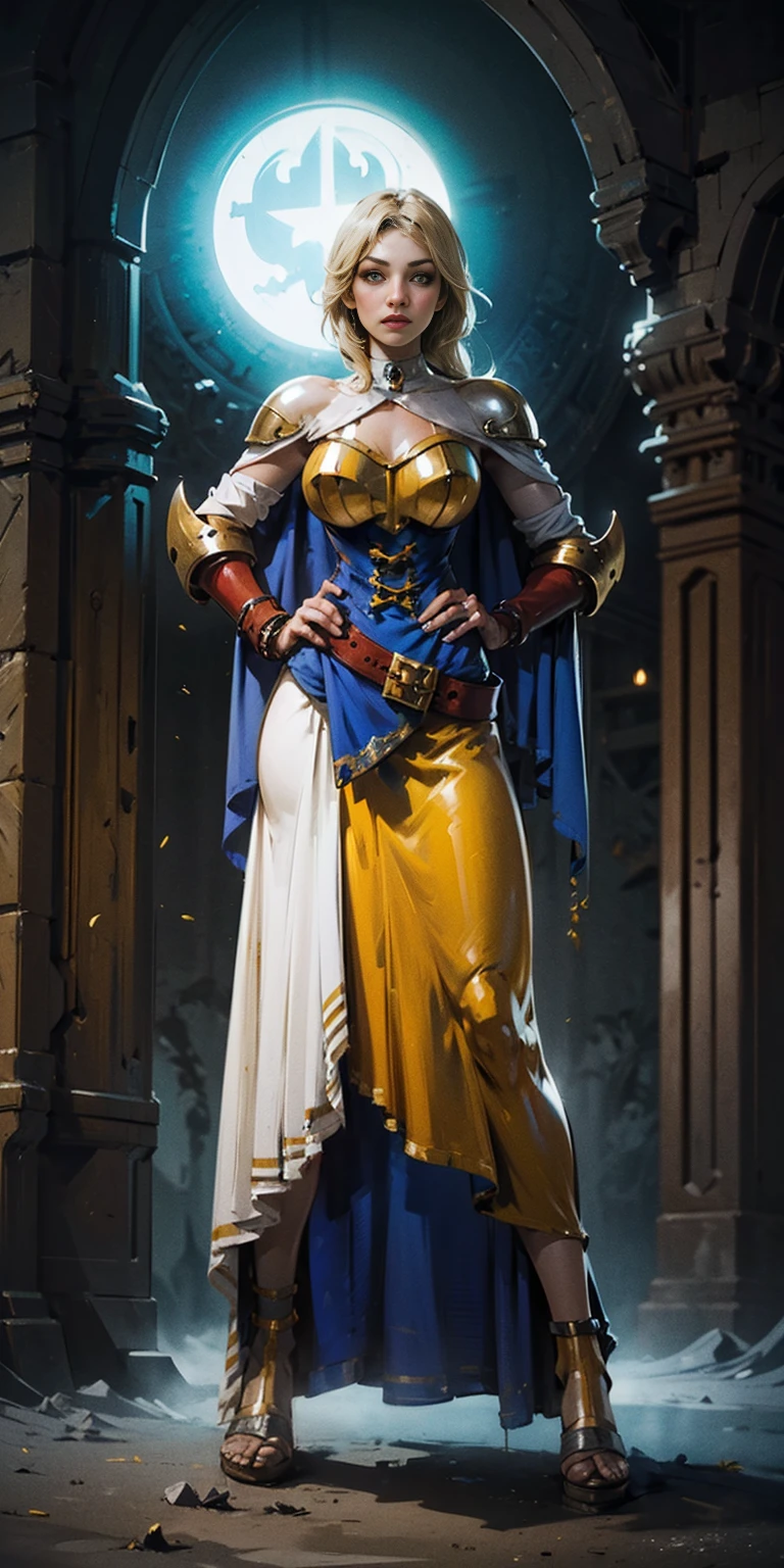 paladin lady in ornate golden armor, black collar, pauldrons, breastplate, corset, glowing halo, single braid, blonde, yellow glowing eyes, bright pupils, eye focus, red cape, temple indoors, stained glass windows, night, moonlight, particles, light beam, chromatic aberration, (full body, whole body. 1solo (girl). slave fighter, loincloth standing, hands on hips full body, whole body. 1solo (girl). slave fighter, loincloth standing, hands on hips, metal sandals, backpack, choker, big belt, view from below, feet together, bracers, tiara)