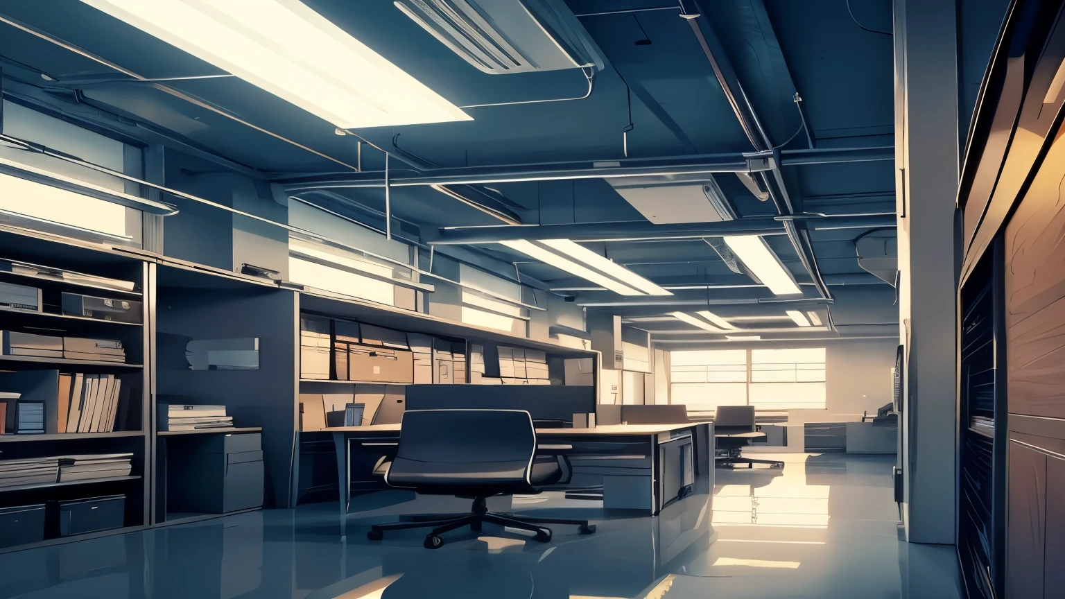 a clean, minimalist and futuristic work office environment, sleek and modern architecture, large windows, glass walls, smooth metallic surfaces, holographic displays, floating desks and chairs, ambient lighting, advanced technology, no human presence, cinematic, highly detailed