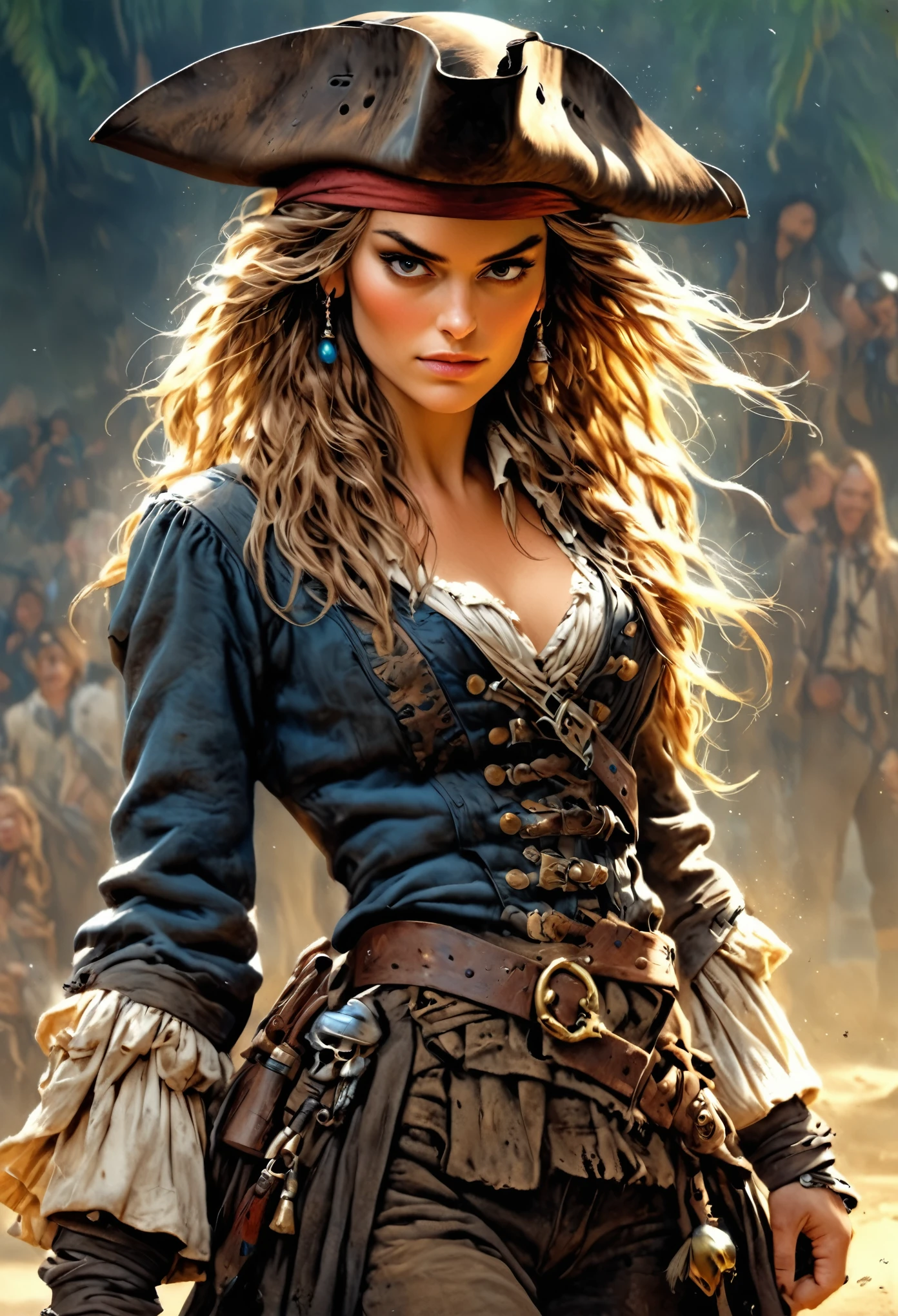 Keira Knightley as Elisabeth Swann from the movie Pirates of the Caribbean, leather boots, full body shot, highly detailed cinematic illustration, black outlining, full color illustration, vivid colors, white background, in the style of Boris Vallejo & Julie Bell, masterpiece, 8k, ultra-detailed, physically-based rendering, vivid colors, dramatic lighting, intricate background, photorealistic