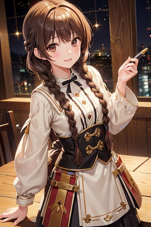 Yuno Shimazu、Shiny brown hair,Long Hair,  Hair that falls over the shoulders、(( Braid、Twin Blade:1.5, )),Beautiful brown eyes、Sparkling eyes, Fine grain、smile、Ultra-detailed eyes、Highly detailed face, Highly detailed eyes,Cowboy Shot、



 
 (Tabletop:1.4, 最high quality、((High resolution)), masterpiece, high quality, 最high quality, beautiful, Perfect lighting, very cute,
 ((one person&#39;s)), ((alone)),  ((blush)), smile, View your audience, Turtleneck sweater, jeans, ((Mid-chest)), Wide Hips, Thick thighs, library, Place your arms behind your back,
