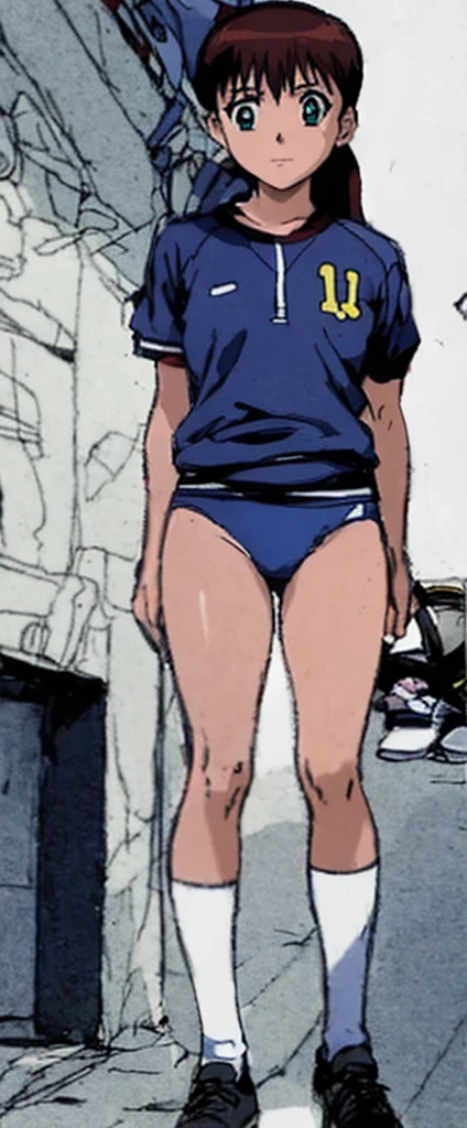 Miyanoshita Satsuki, with her beautiful legs, is standing in the schoolyard wearing a white gym uniform and light navy blue bloomers that look like panties.。