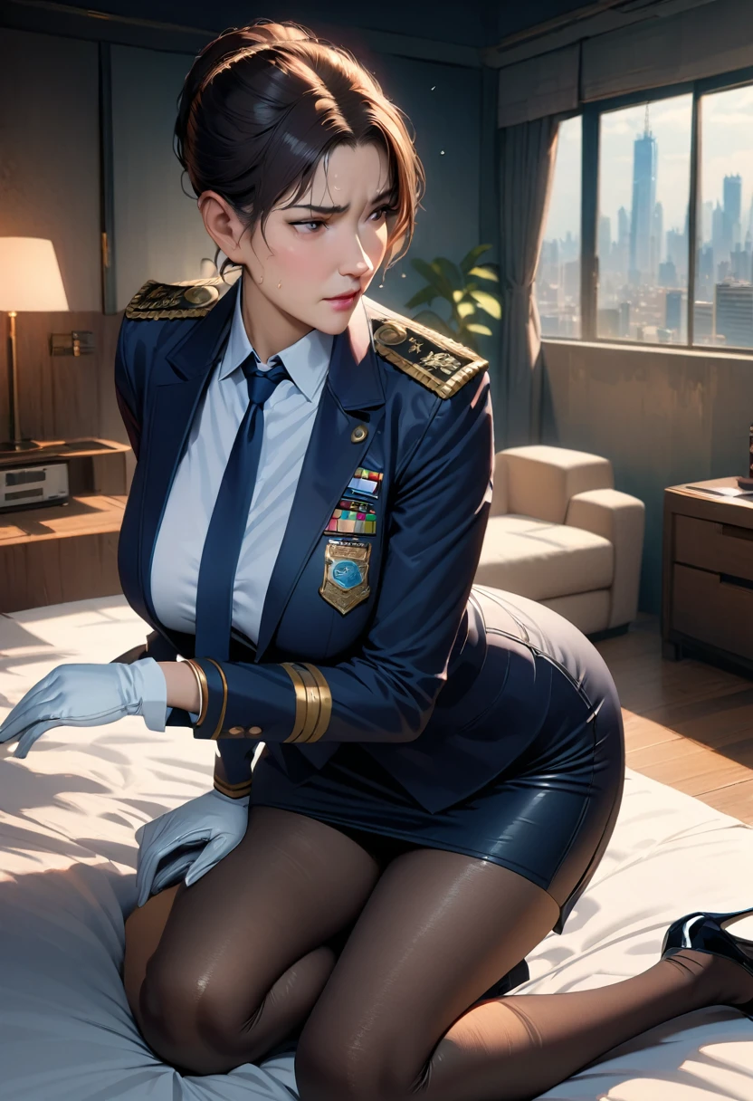 A mature woman police officer with navy blue uniform, buttons, tie, jacket, white gloves, stockings, pencil skirt, high heels, badge, epaulets, in a bent body pose, looking sideways with a worried expression, sweating, in a bedroom setting, sitting on white bed sheets, aroused and in heat, (best quality, 8k, realistic, ultra-detailed, masterpiece:1.2), HDR, UHD, studio lighting, ultra-fine painting, sharp focus, physically-based rendering, extreme detail description, professional, vivid colors, bokeh, anime style， cityscape