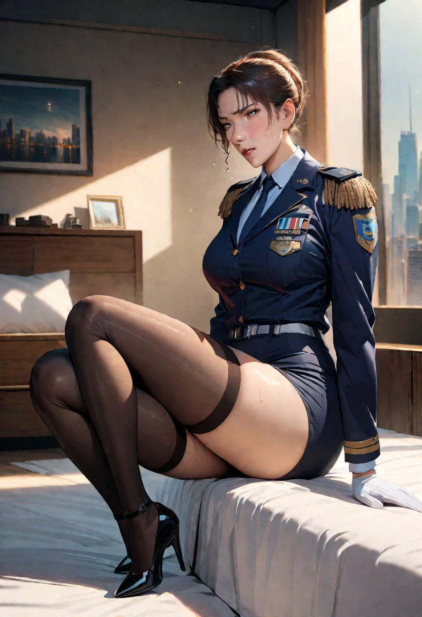 A mature woman police officer with navy blue uniform, buttons, tie, jacket, white gloves, stockings, pencil skirt, high heels, badge, epaulets, in a bent body pose, looking sideways with a worried expression, sweating, in a bedroom setting, sitting on white bed sheets, aroused and in heat, (best quality, 8k, realistic, ultra-detailed, masterpiece:1.2), HDR, UHD, studio lighting, ultra-fine painting, sharp focus, physically-based rendering, extreme detail description, professional, vivid colors, bokeh, anime style, cityscape