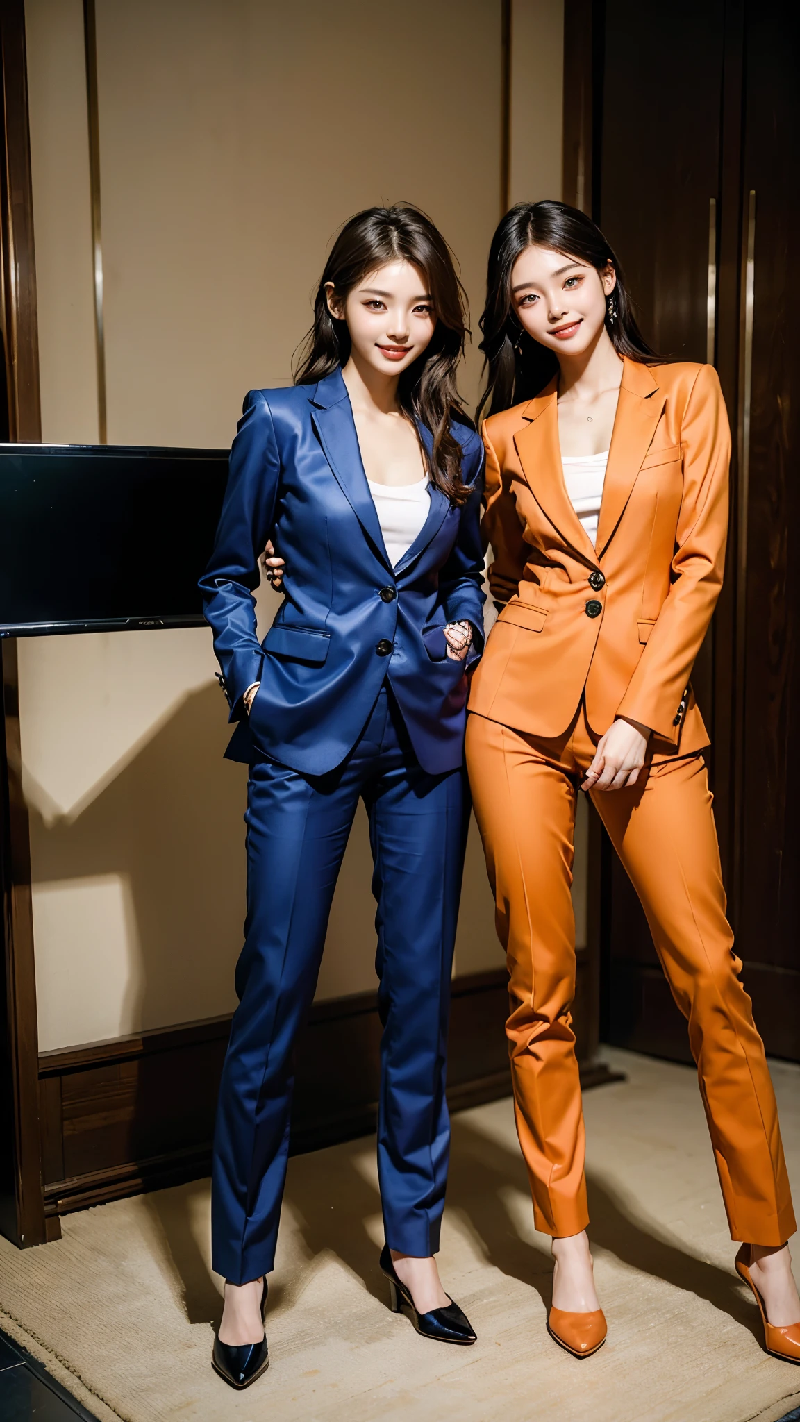 Highest quality, masterpiece, Ultra-high resolution,8k,((Toothy smile portrait:1.4)), (Realistic:1.6), ((A radiant smile)), RAW Photos,((Korean drama appearances)),((Full body photo)),1 person,Slim 22 year old adult female,((orange business suit)),((Pants look)),((Full of smiles, )) ,((Shortcuts)),((acting for the camera:1.6)),Face Focus:1.4,((Korean drama appearancesの撮影:1.15)),