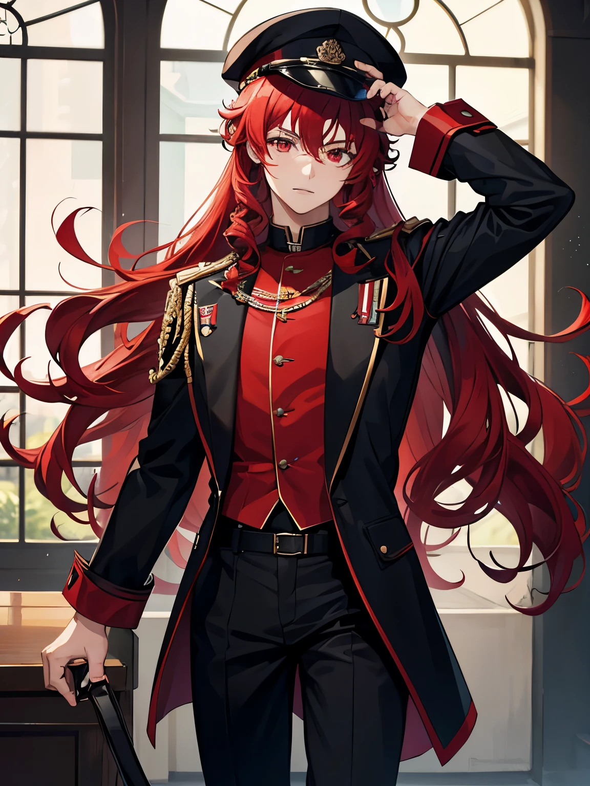 1boy,18 years old,cool,middle parted hairstyle,Curly hair, red hair, red eyes, long hair, vampire, handsome,,half hody photo, walking,Black army uniform, black army hat