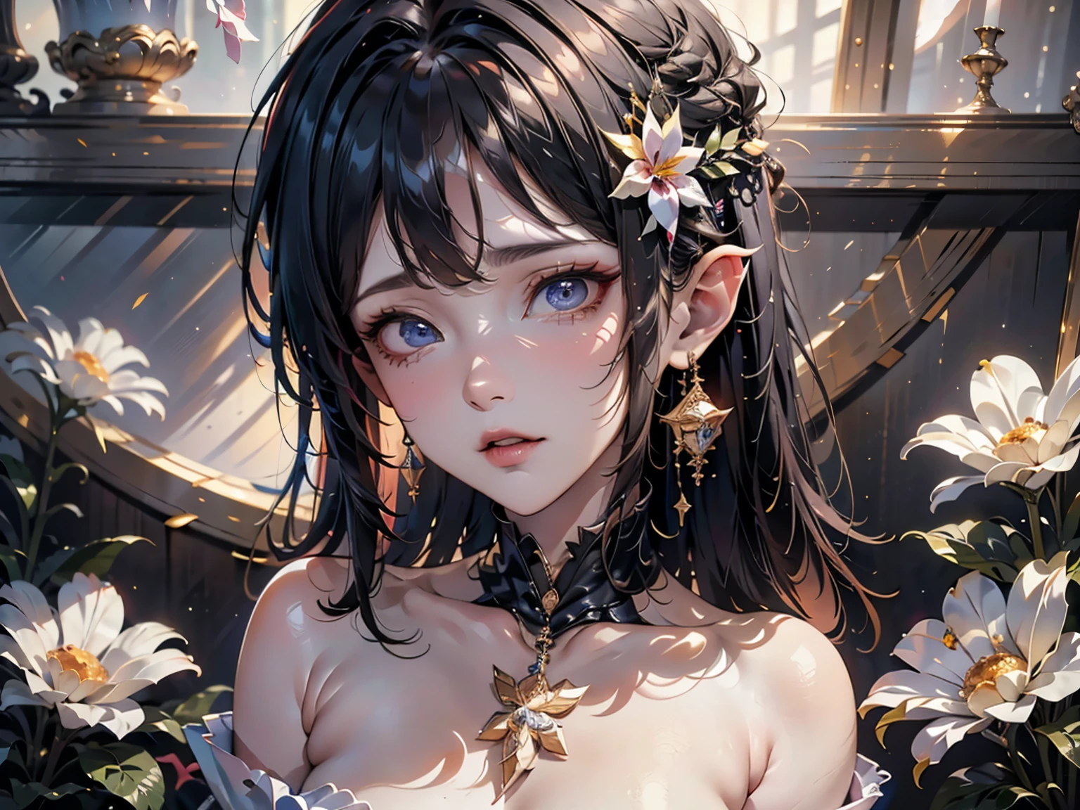 anime girl, realistic shadows, detailed skin, very small breasts, black hair, very detailed, 8k highly detailed face, perfect face shape, full perfect lips, perfect nose, correct beautiful eyes, watching viewer, white shirt, hair flowers, masterpiece, best quality, single girl, no bra, no panty, solo