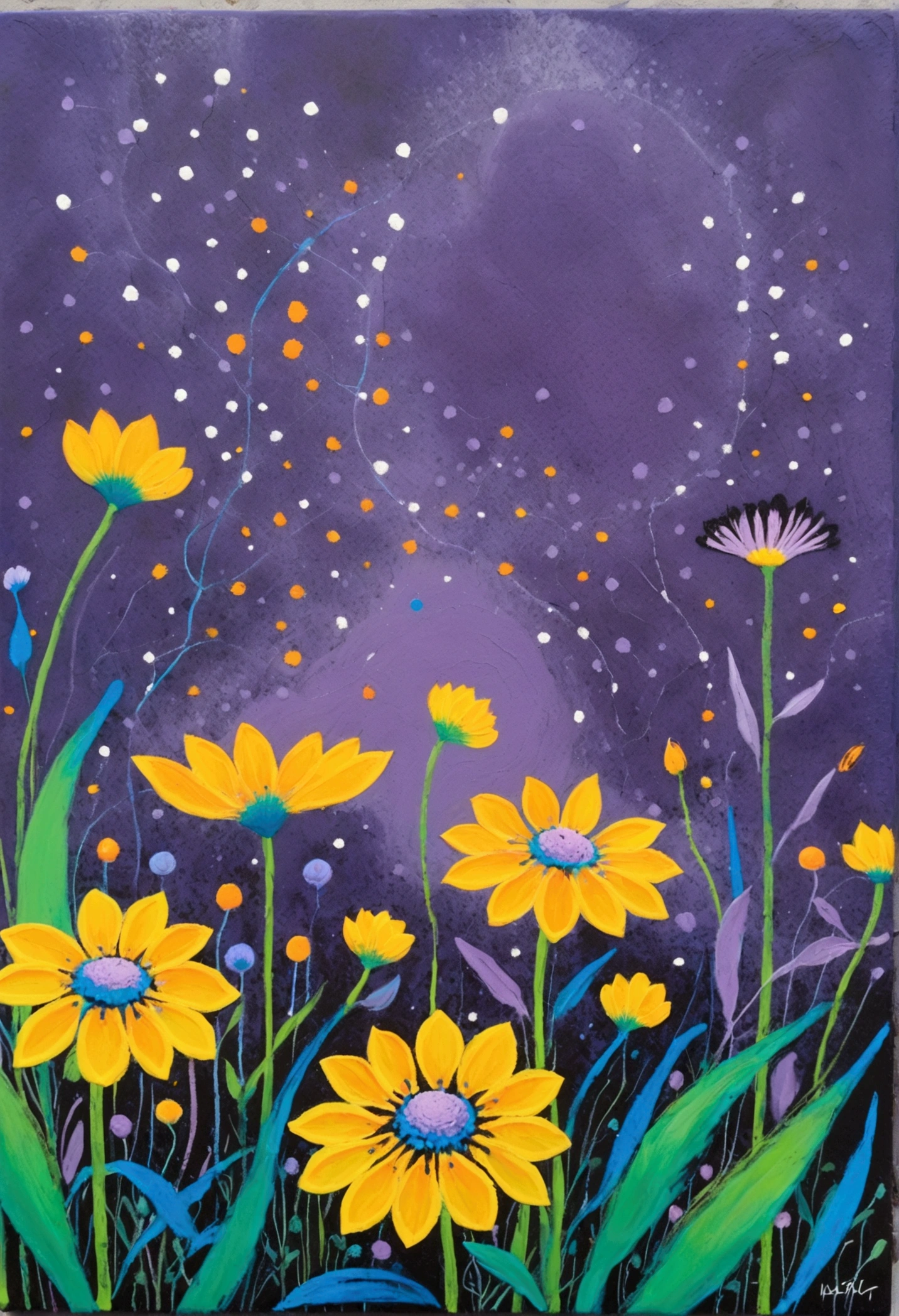 A painting，Inspired by Yayoi Kusama：(((Chalk painting，Oil stick painting，Volume，Thick coating，Uneven texture，Plaster texture，Graffiti，Dot)))。Colorful black，(Lime and Violet,Dandelion), Bright colors, Purple和, cute的, Bright colors，cute, Lavender Color and Color Schemes, 和Purple的配色方案,  Beautiful Art,  Purple, Whimsical Art, 和Purple色调,  Close together,, spring, Inspired by Tomokazu Matsuyama, Delightful