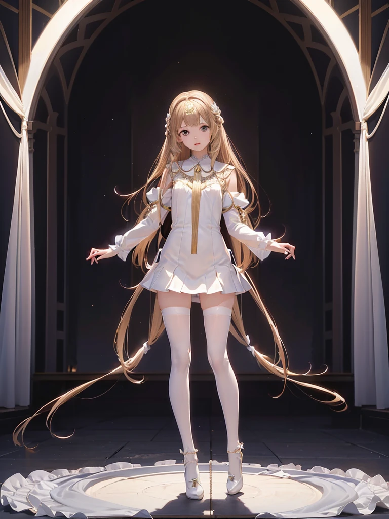 Highest image quality, RAW photo, high resolution, chestnut straight hair, shiny hair, nomake, white transparent high-leg body suit, Rembrandt's world view, slender, cute, idol, large eyes, (1girl, 1man, stands behind:1.8),